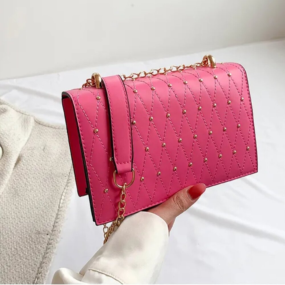 Rivet Detail Studded Chic Crossbody Purse Bag, Pink